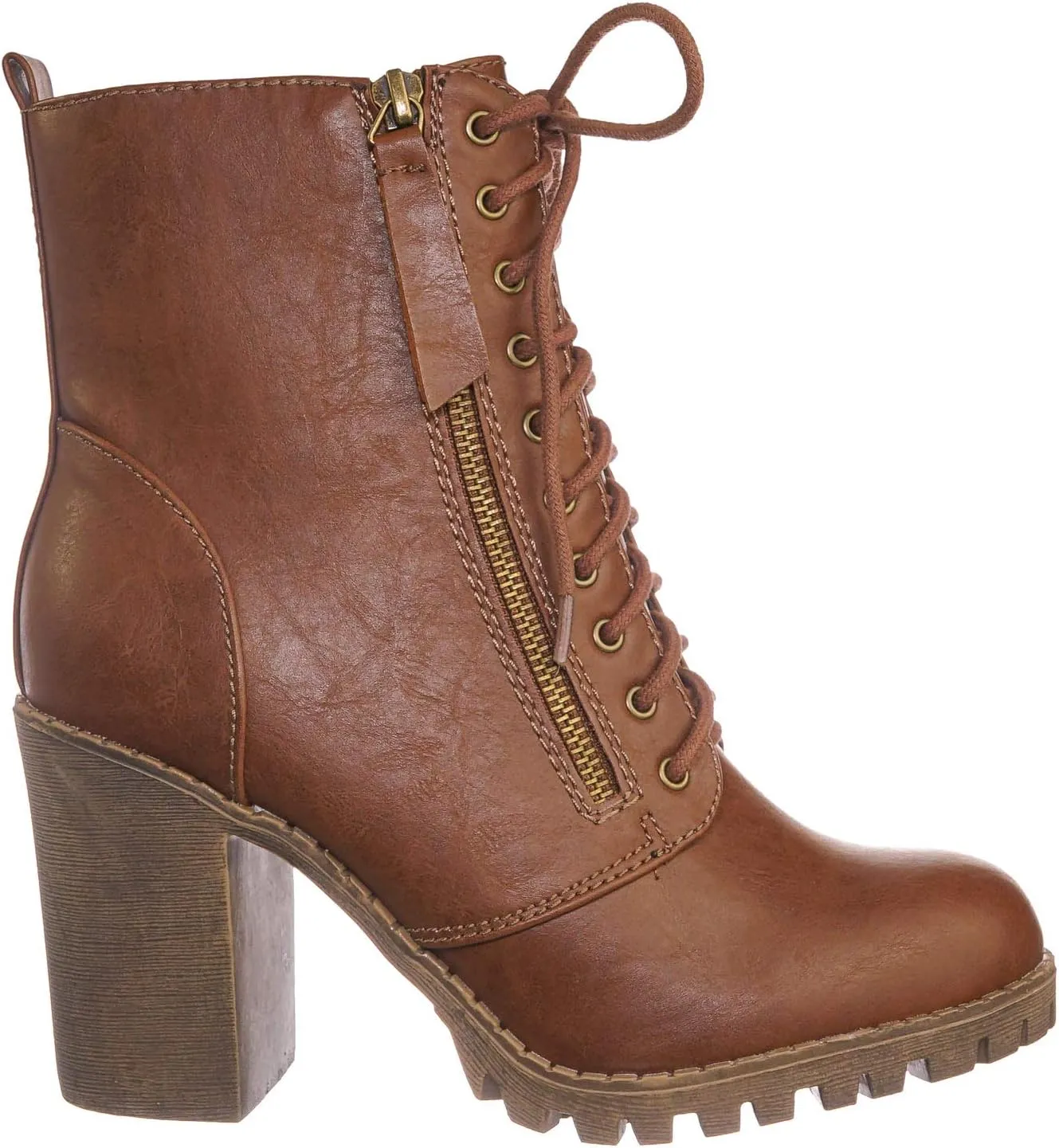 Soda Malia Round Toe Stacked Lug Heel Lace Up Ankle Booties