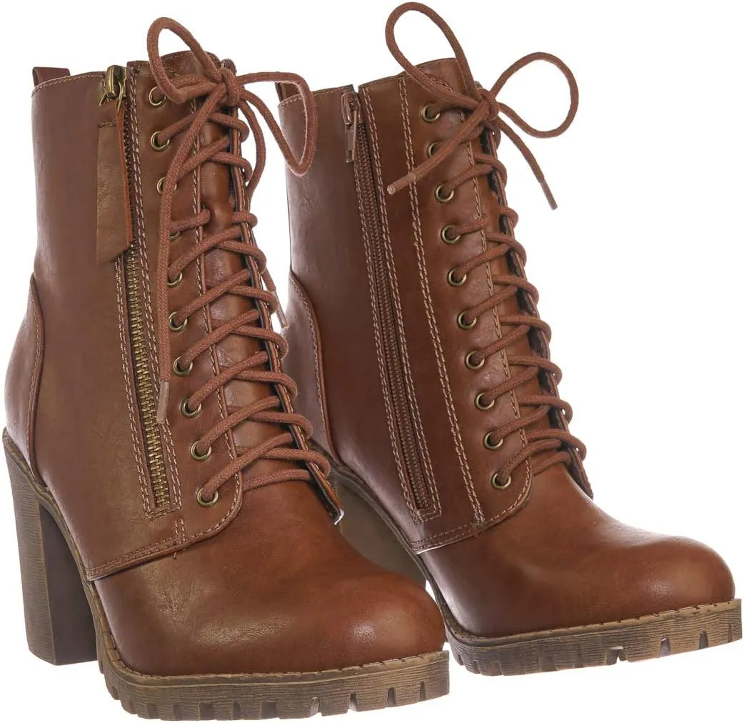 Soda Malia Round Toe Stacked Lug Heel Lace Up Ankle Booties