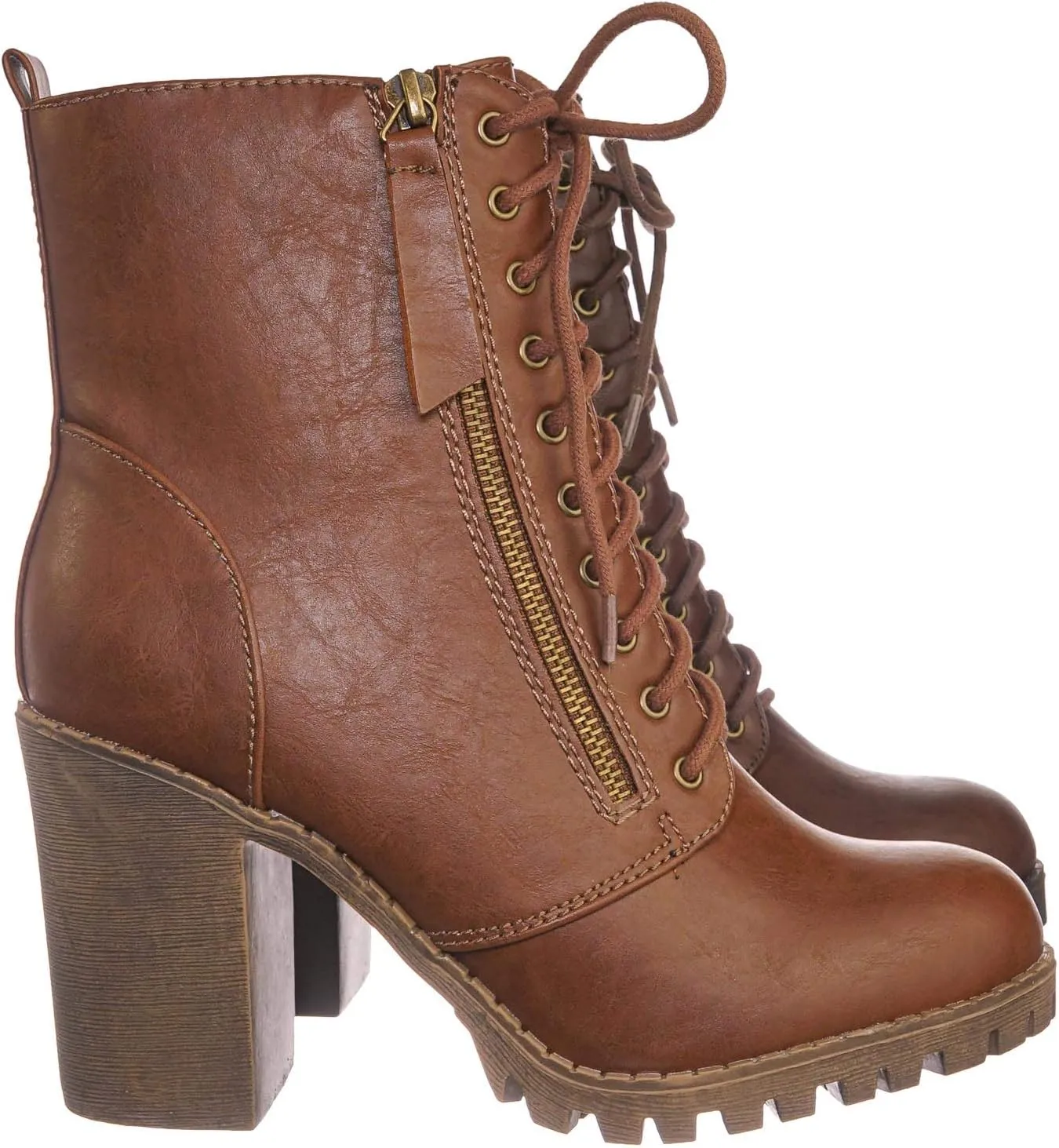 Soda Malia Round Toe Stacked Lug Heel Lace Up Ankle Booties
