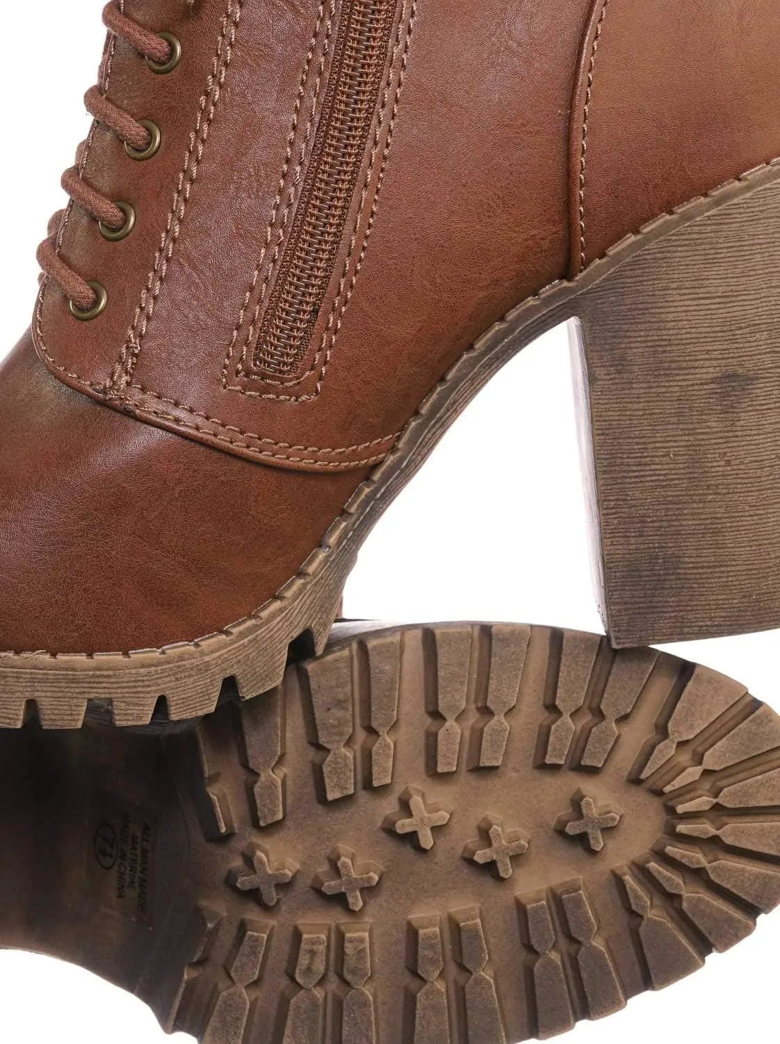 Soda Malia Round Toe Stacked Lug Heel Lace Up Ankle Booties