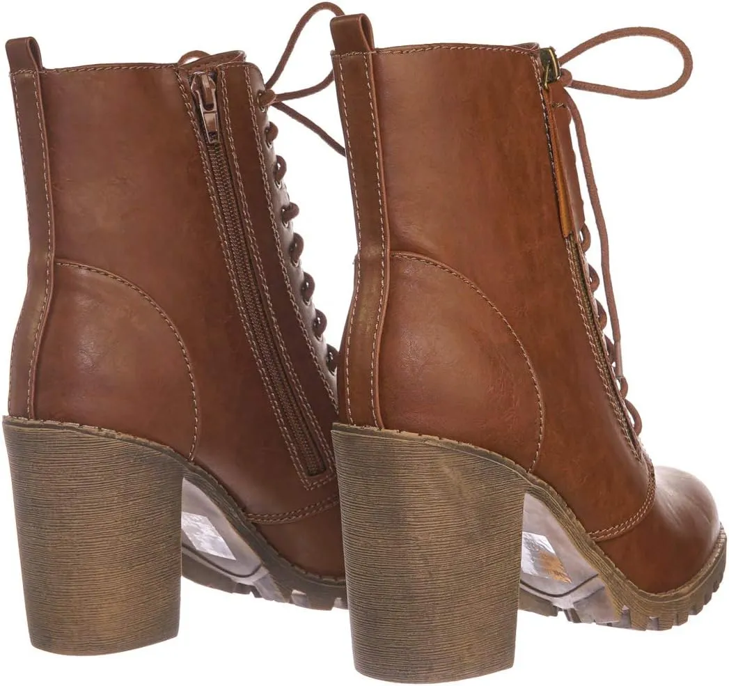 Soda Malia Round Toe Stacked Lug Heel Lace Up Ankle Booties