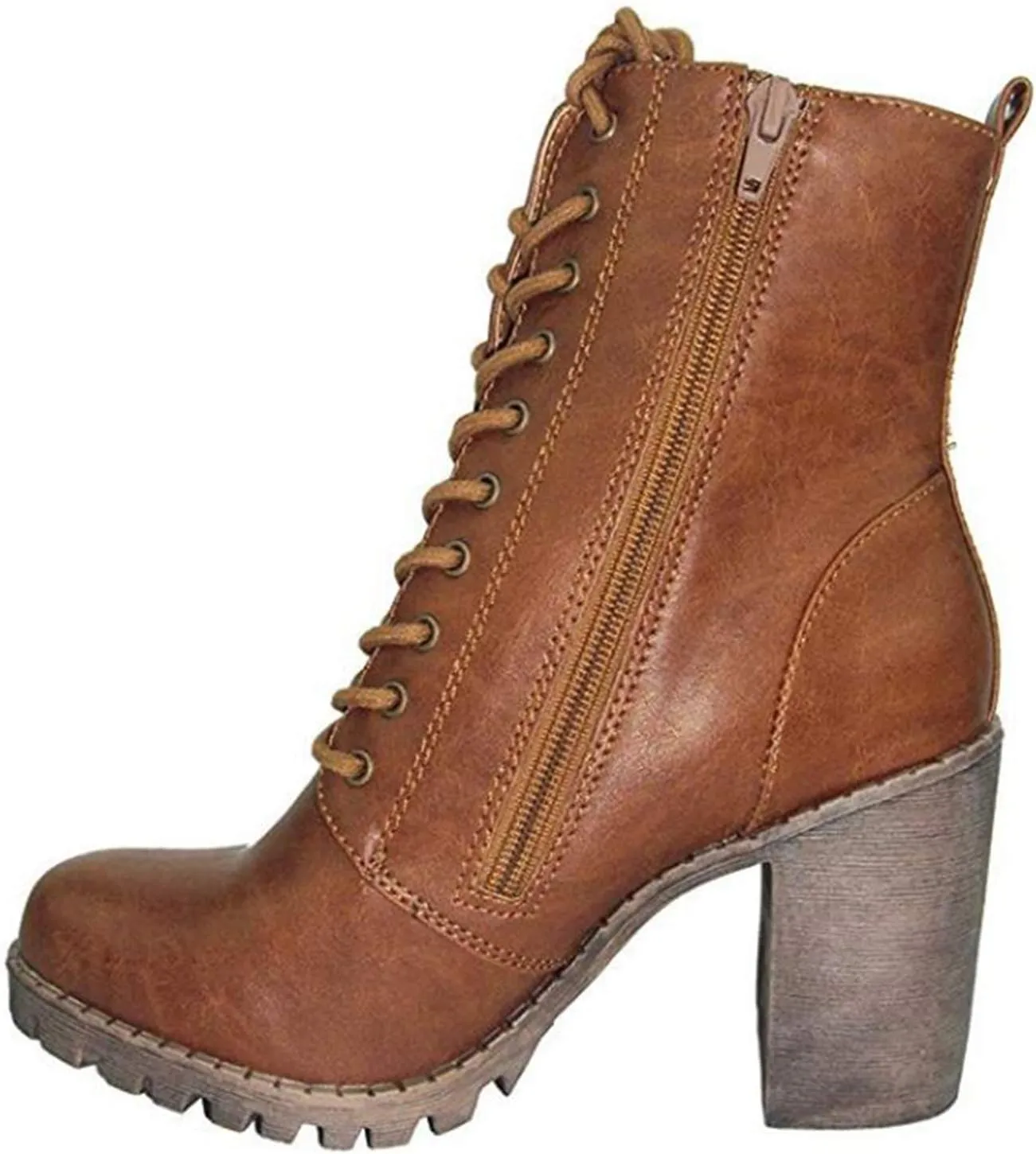Soda Women Chunky High Heel Combat Army Military Riding Ankle Boots Lace Up Booties Malia-S