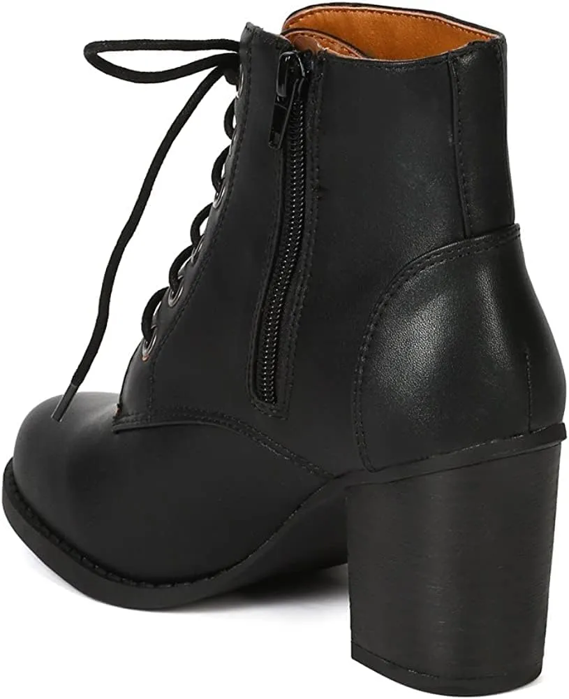 Soda Women's Korman Faux Leather Lace Up High Chunky Heel Ankle Booties