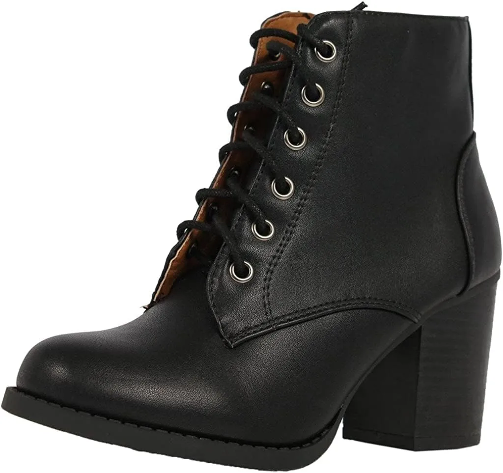 Soda Women's Korman Faux Leather Lace Up High Chunky Heel Ankle Booties