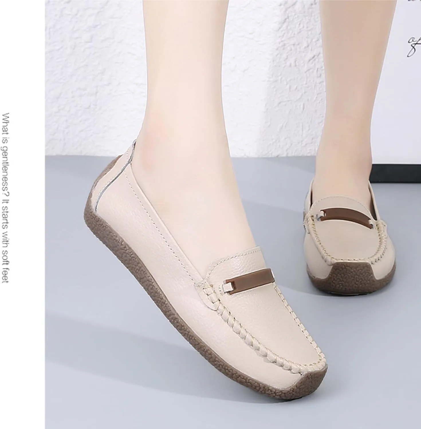 Solaud Women's Leather Loafers Comfort Soft Wild Driving Anti-Collision Penny Moccasins Nurses Work Daily Walking Flats Casual Shoes