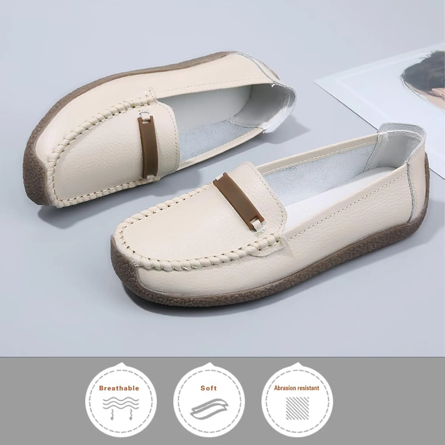 Solaud Women's Leather Loafers Comfort Soft Wild Driving Anti-Collision Penny Moccasins Nurses Work Daily Walking Flats Casual Shoes