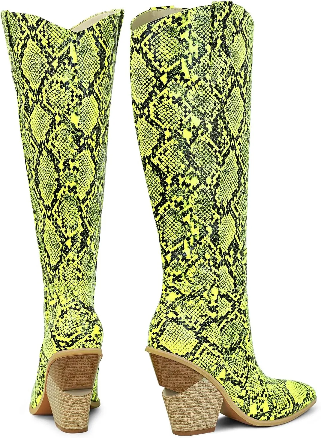 STALOV Snake Print Knee High Boots for Women Chunky Heel Pointed Toe Cowboy Boots Western Snakeskin Cowgirl Boots