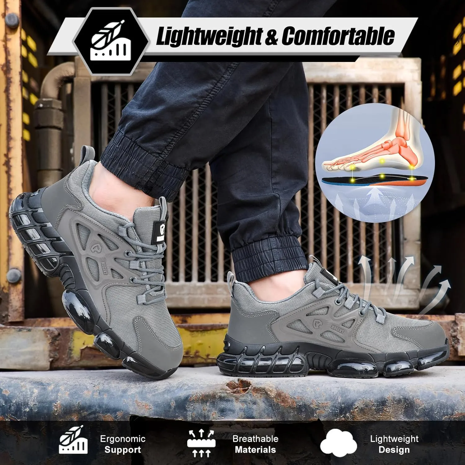 Steel Toe Shoes for Men Women Composite Toe Work Sneakers Indestructible Safety Tennis Shoes Lightweight Breathable Construction Sneakers Puncture Proof Air Cushion Ergonomic Design