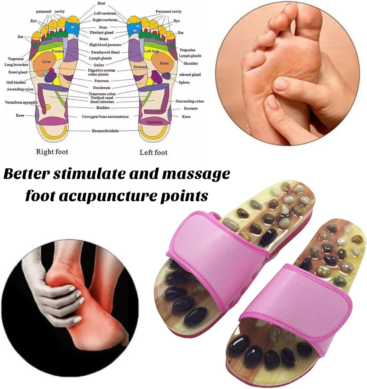 Stone Acupressure Foot Massage Slippers Sandals Reflexology Tools, Acupuncture Massage Slippers Deep Tissue Foot Massager, Therapeutic Reflexology Sandals, Circulation Massage Slippers Pink M