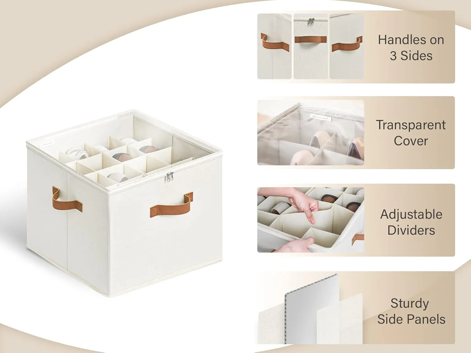 StorageWorks Shoe Organizer for Closet, Fits up to 16 Pairs, Shoe Cubby Storage Containers with Adjustable Dividers and Clear Cover, Beige