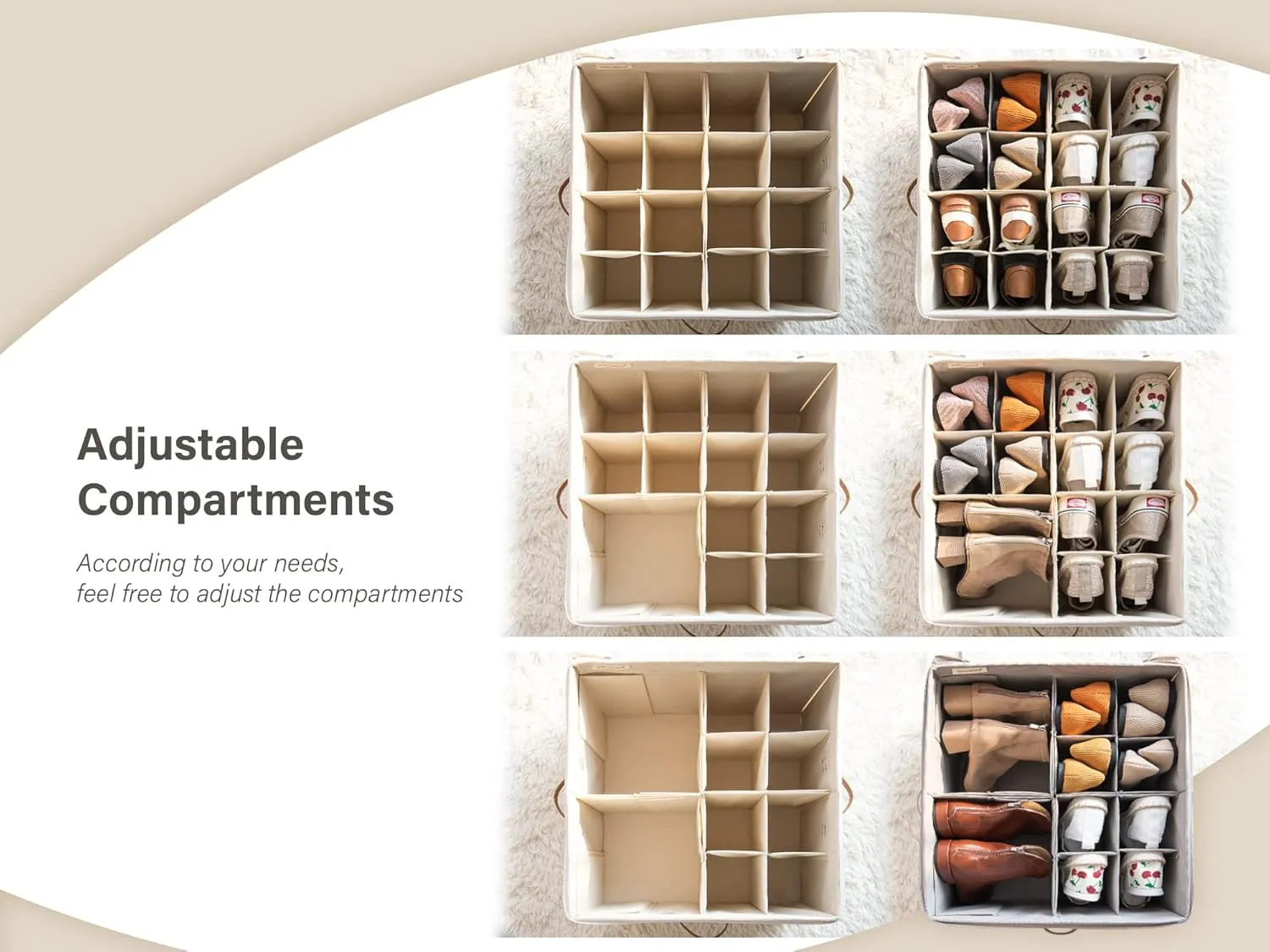 StorageWorks Shoe Organizer for Closet, Fits up to 16 Pairs, Shoe Cubby Storage Containers with Adjustable Dividers and Clear Cover, Beige