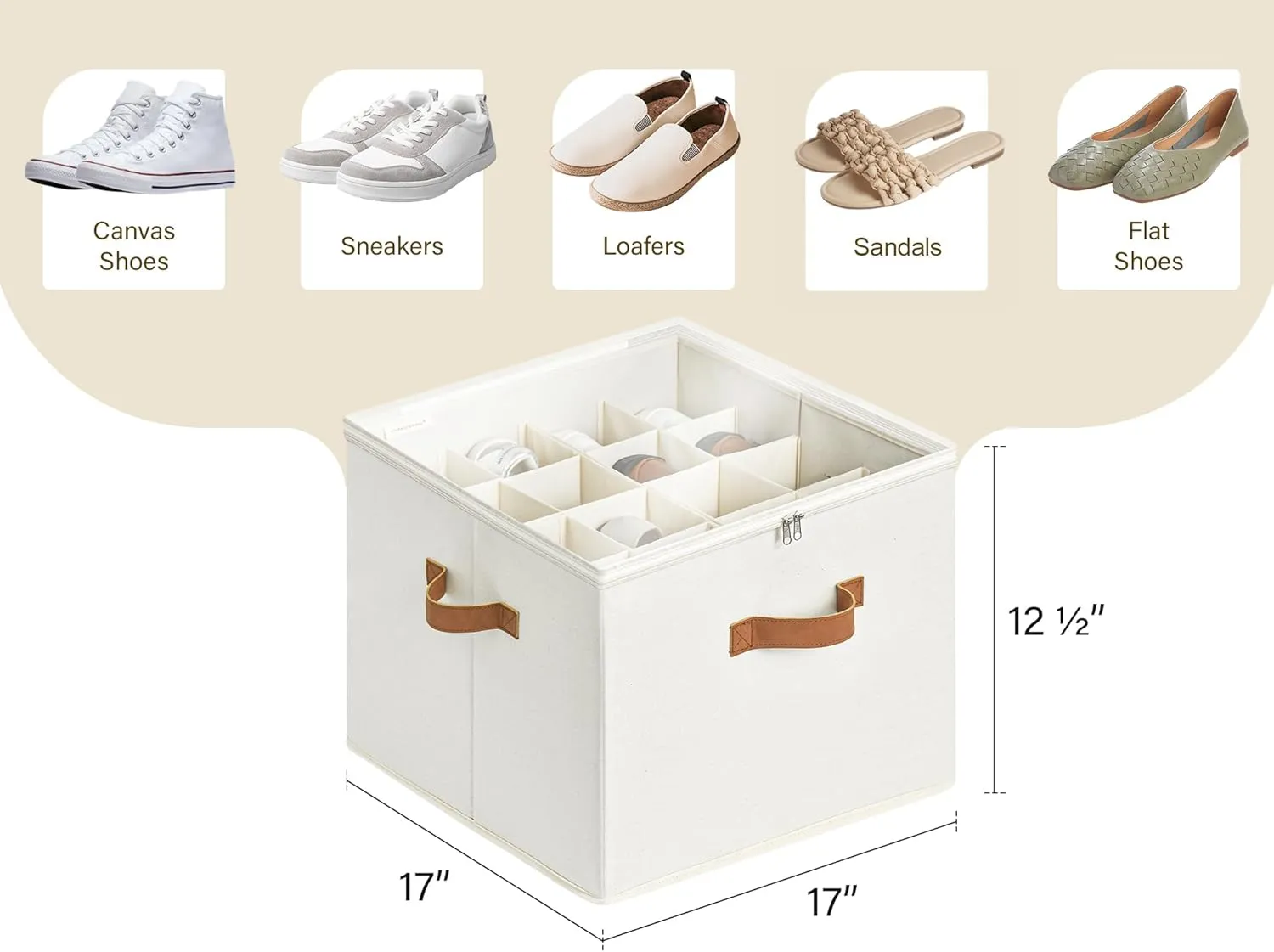 StorageWorks Shoe Organizer for Closet, Fits up to 16 Pairs, Shoe Cubby Storage Containers with Adjustable Dividers and Clear Cover, Beige