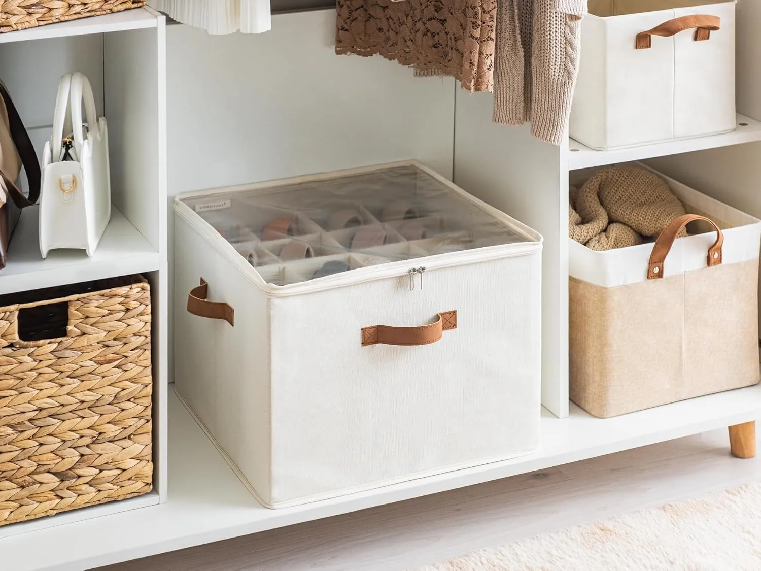StorageWorks Shoe Organizer for Closet, Fits up to 16 Pairs, Shoe Cubby Storage Containers with Adjustable Dividers and Clear Cover, Beige