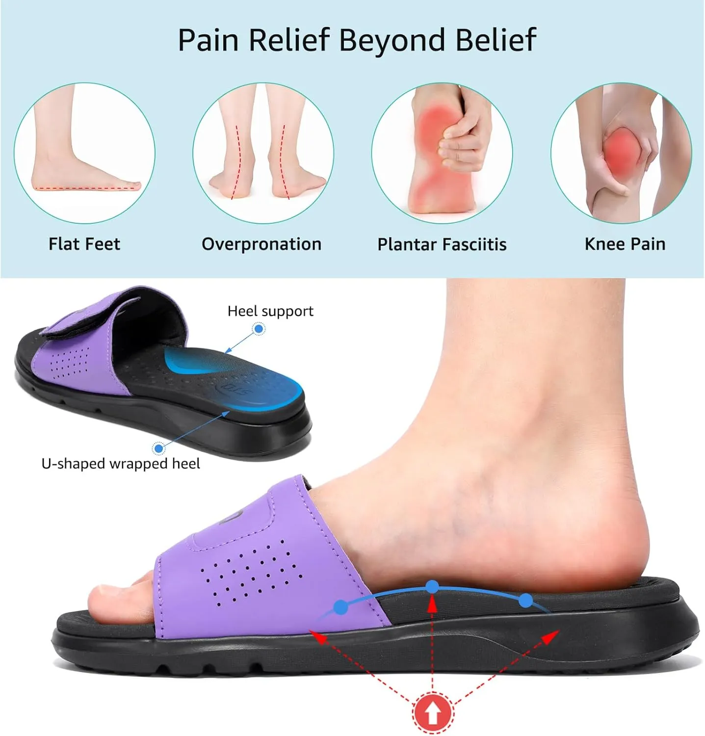 STQ Orthopedic Slides for Women Memory Foam Sandals Arch Support Slide Sandals with Adjustable Hook and Loop