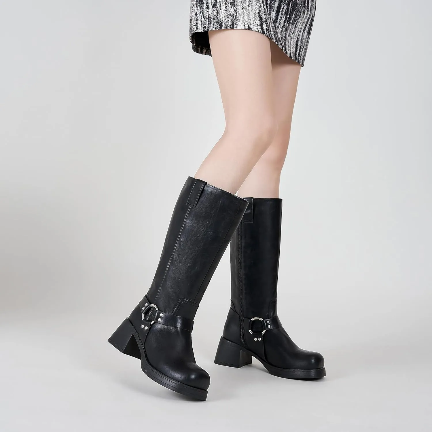 Studds Biker Boots for Women Chunky Heel Square Toe Suede Mid Calf Boot with Side Zipper Western Riding Boots