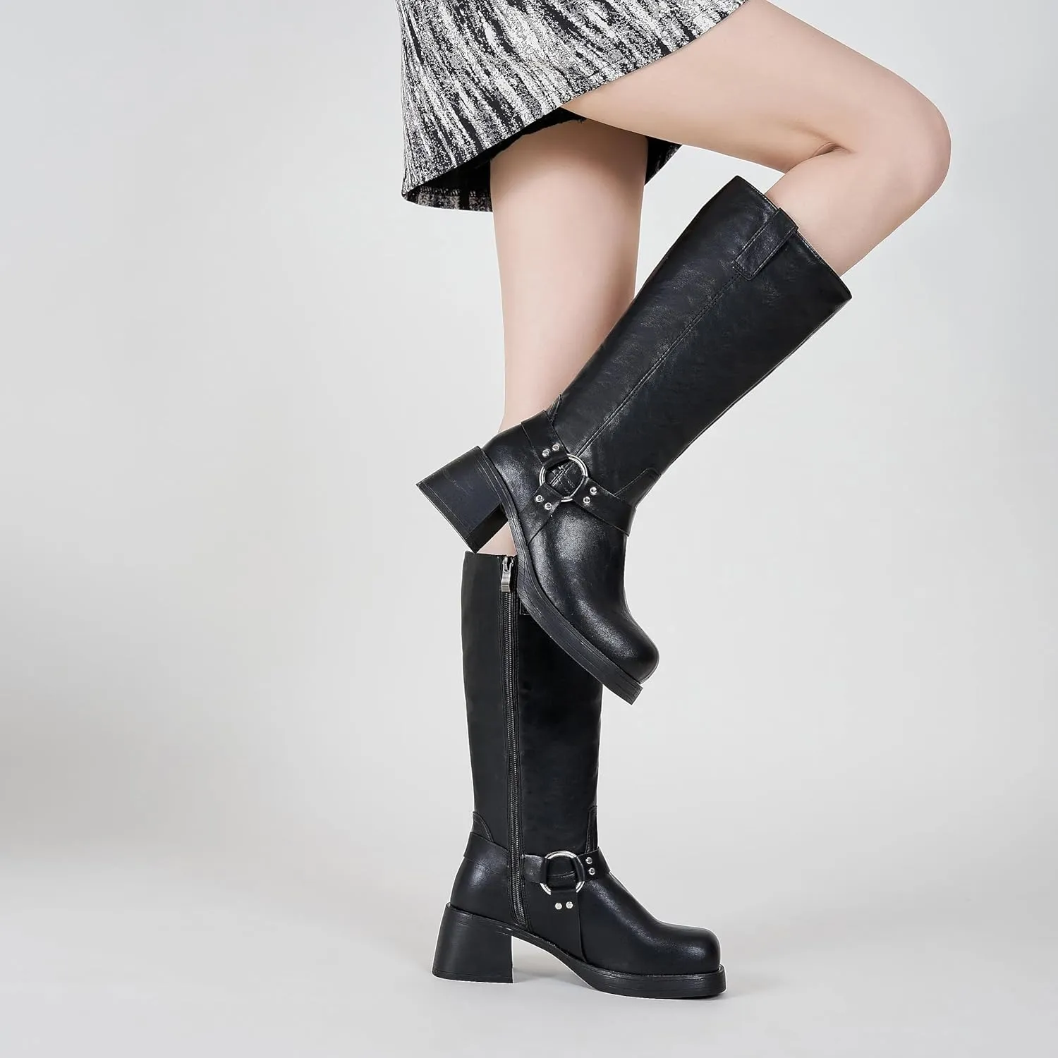 Studds Biker Boots for Women Chunky Heel Square Toe Suede Mid Calf Boot with Side Zipper Western Riding Boots