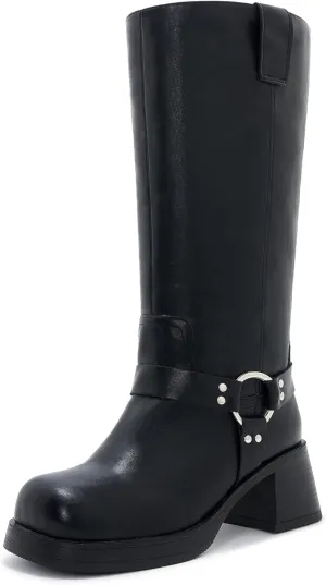 Studds Biker Boots for Women Chunky Heel Square Toe Suede Mid Calf Boot with Side Zipper Western Riding Boots