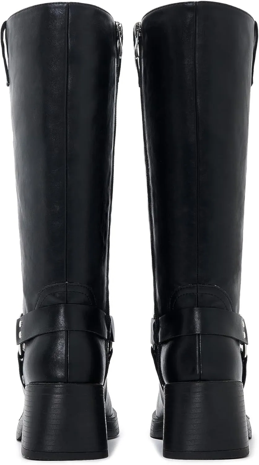 Studds Biker Boots for Women Chunky Heel Square Toe Suede Mid Calf Boot with Side Zipper Western Riding Boots