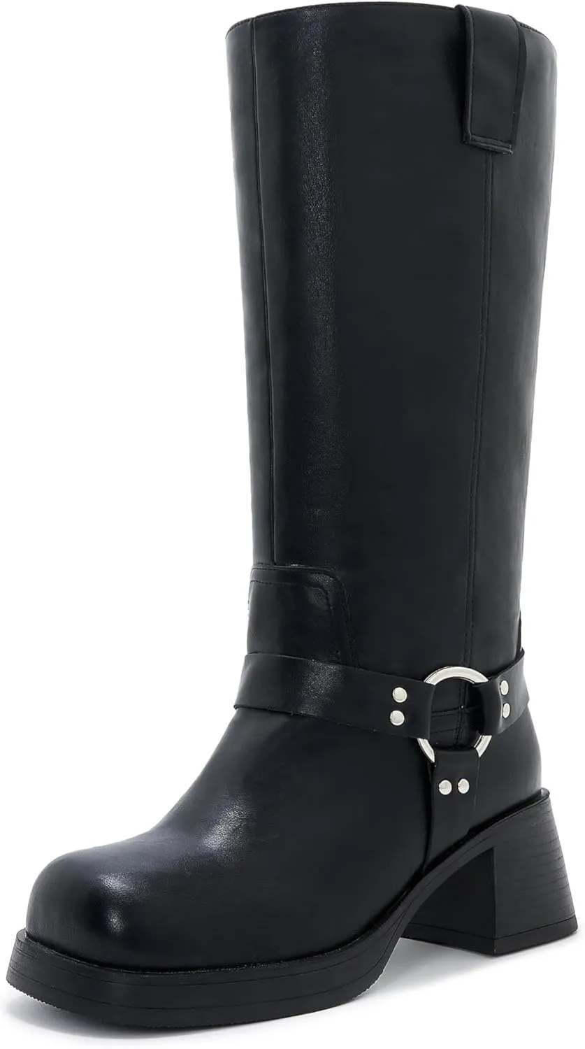 Studds Biker Boots for Women Chunky Heel Square Toe Suede Mid Calf Boot with Side Zipper Western Riding Boots