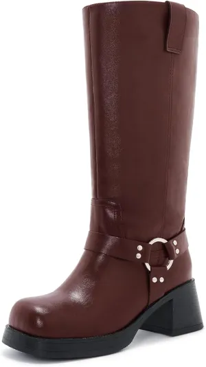Studds Biker Boots for Women Chunky Heel Square Toe Suede Mid Calf Boot with Side Zipper Western Riding Boots
