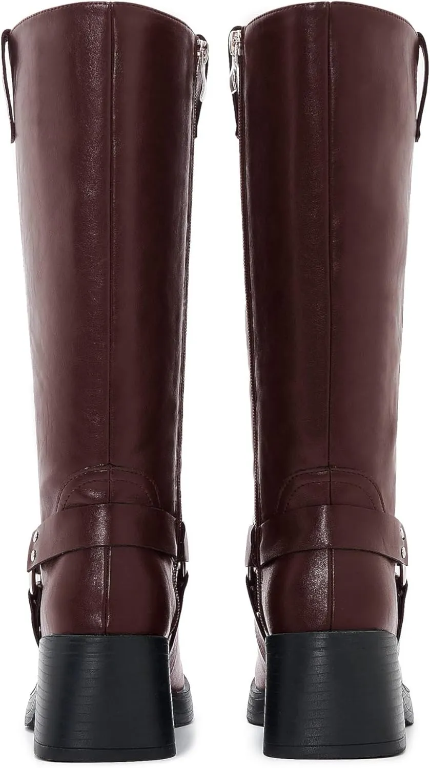 Studds Biker Boots for Women Chunky Heel Square Toe Suede Mid Calf Boot with Side Zipper Western Riding Boots