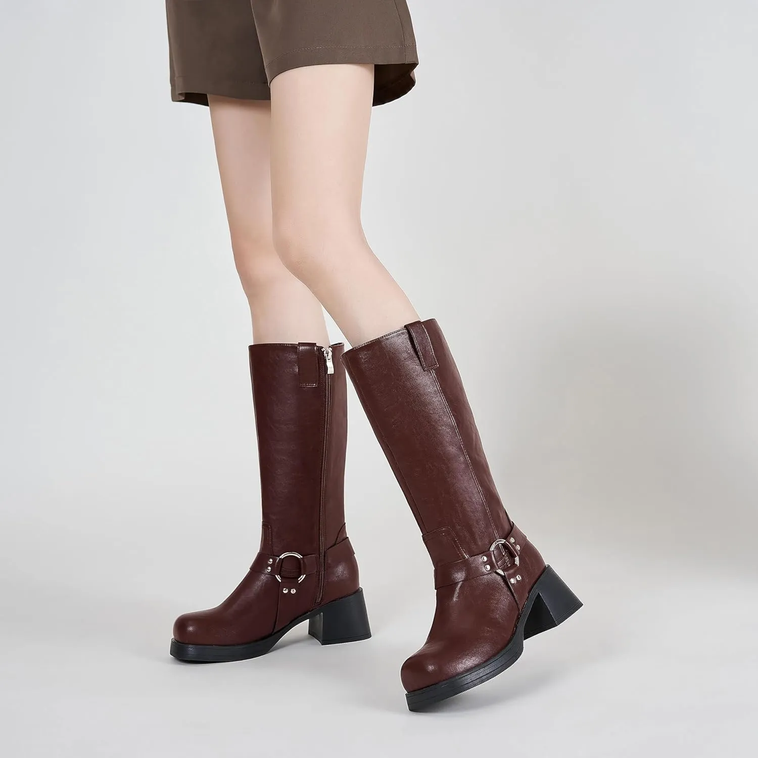 Studds Biker Boots for Women Chunky Heel Square Toe Suede Mid Calf Boot with Side Zipper Western Riding Boots