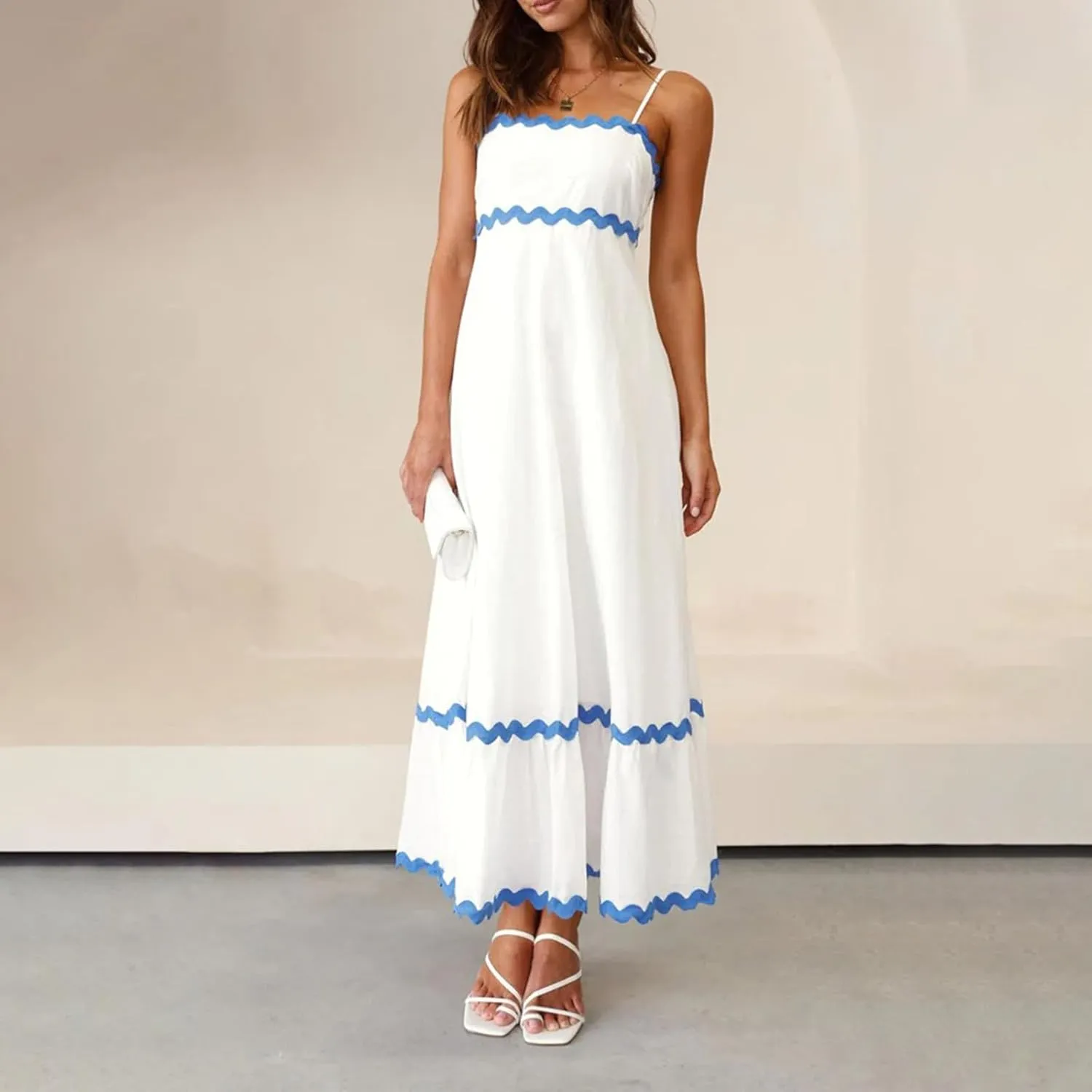 Summer Maxi Dresses for Women 2024 Casual RIC Rac Spaghetti Strap Dress Beach Vacation A Line Flowy Swing Sundresses
