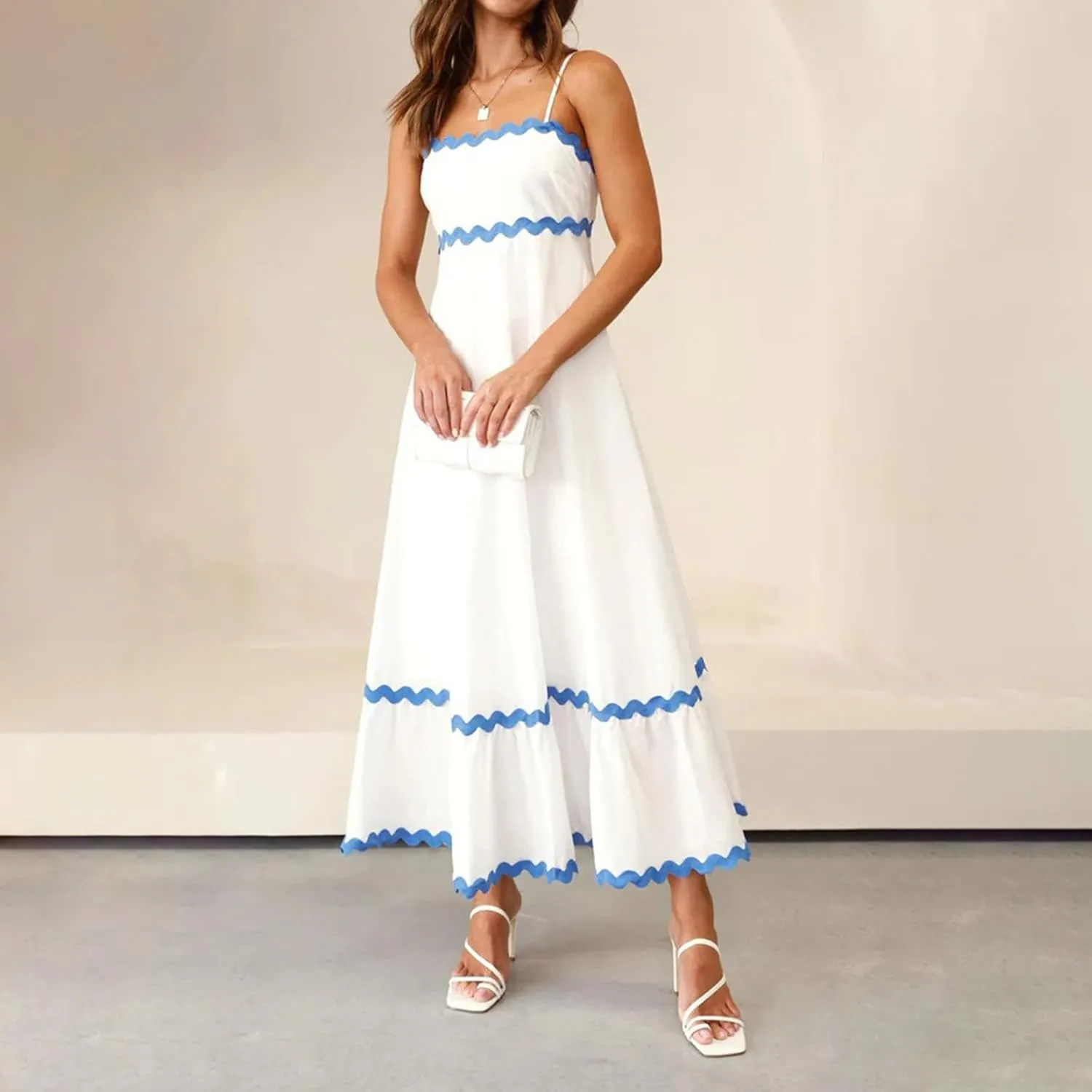 Summer Maxi Dresses for Women 2024 Casual RIC Rac Spaghetti Strap Dress Beach Vacation A Line Flowy Swing Sundresses