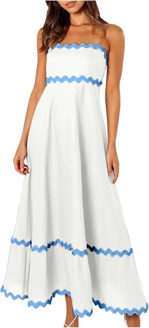 Summer Maxi Dresses for Women 2024 Casual RIC Rac Spaghetti Strap Dress Beach Vacation A Line Flowy Swing Sundresses