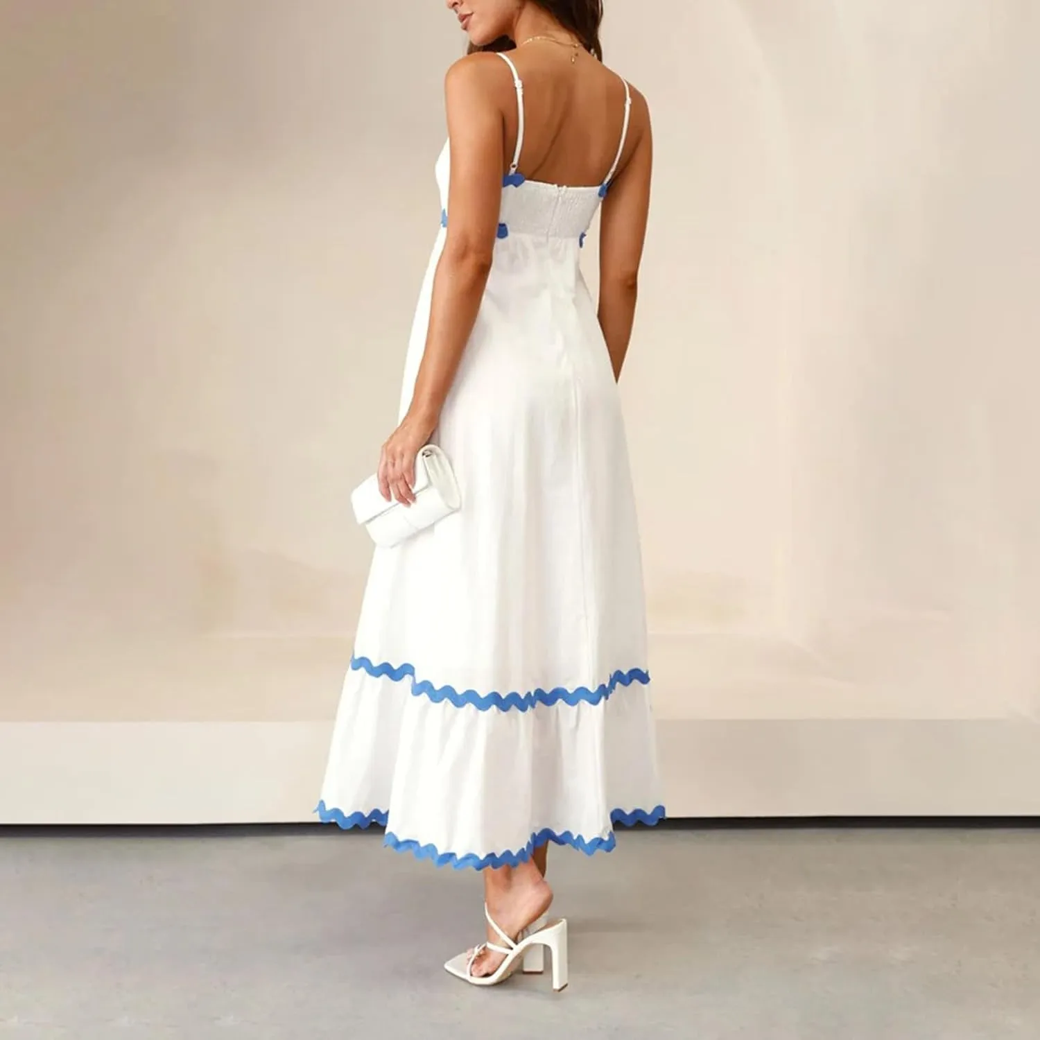 Summer Maxi Dresses for Women 2024 Casual RIC Rac Spaghetti Strap Dress Beach Vacation A Line Flowy Swing Sundresses