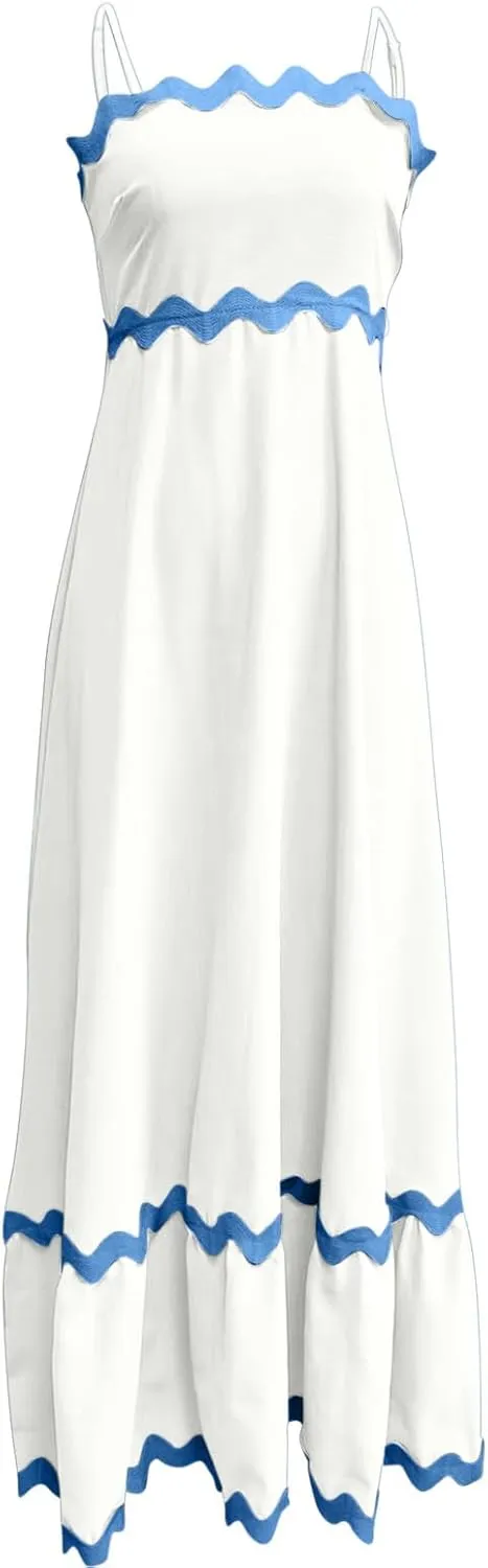 Summer Maxi Dresses for Women 2024 Casual RIC Rac Spaghetti Strap Dress Beach Vacation A Line Flowy Swing Sundresses