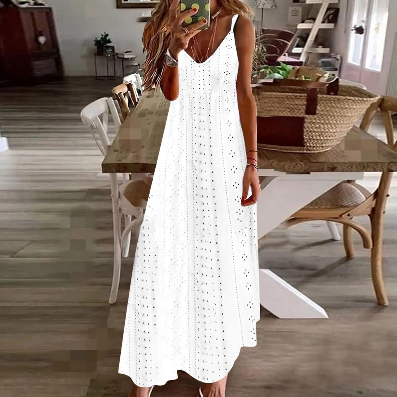 Summer Maxi Dresses for Women 2024 Sexy Lace Eyelet Sleeveless v Neck Long Dress Spaghetti Strap Flowy Beach Sundress