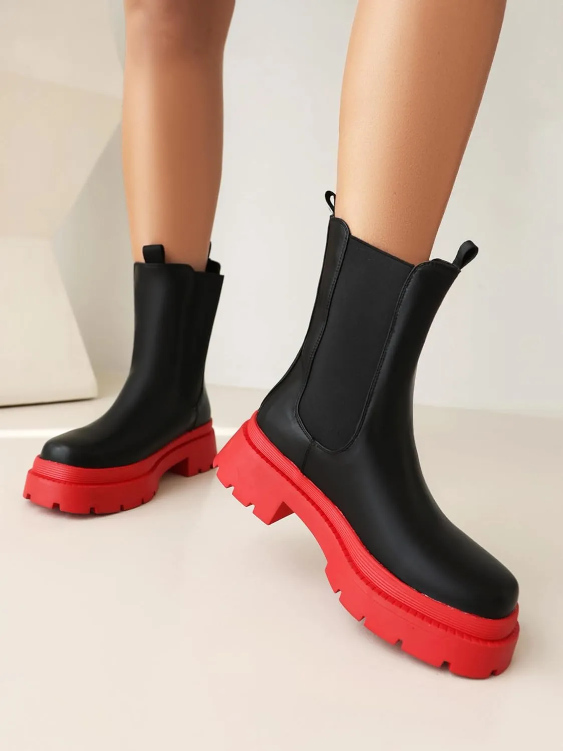 sun gurg Women's Chelsea Ankle Boots Mid-Calf Low Heel Platform Chunky Pull on Booties
