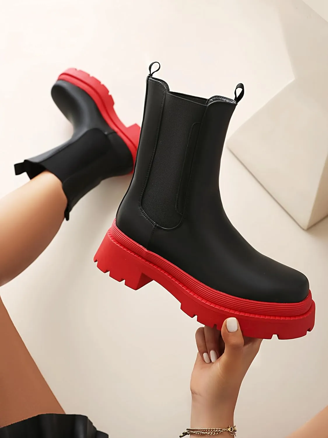 sun gurg Women's Chelsea Ankle Boots Mid-Calf Low Heel Platform Chunky Pull on Booties