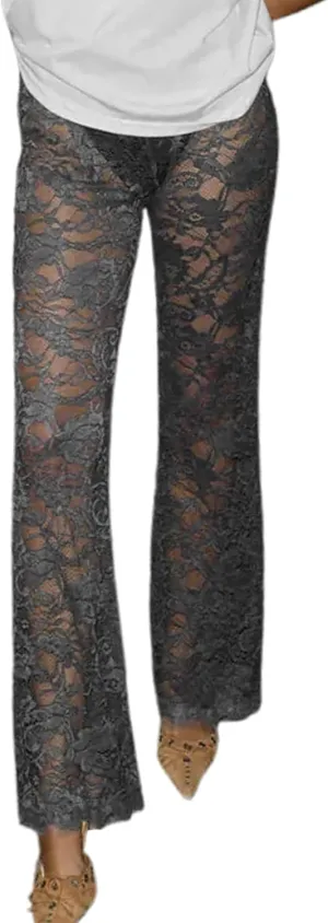Sunloudy Women Lace Bell Pant Sexy See Through Flare Bottom Leggings Hollow Out Mesh Cover Up Trousers