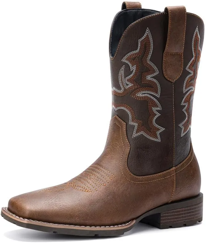 Suokdil Cowboy Boots for Men - Men's Western Boots with Embroidery, Slip Resistant Square Toe Chunky Heel, Durable and Fashionable Retro Classic Footwear for Spring and Fall