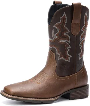 Suokdil Cowboy Boots for Men - Men's Western Boots with Embroidery, Slip Resistant Square Toe Chunky Heel, Durable and Fashionable Retro Classic Footwear for Spring and Fall