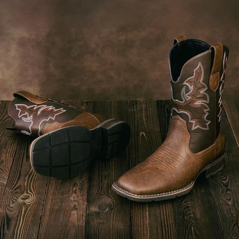 Suokdil Cowboy Boots for Men - Men's Western Boots with Embroidery, Slip Resistant Square Toe Chunky Heel, Durable and Fashionable Retro Classic Footwear for Spring and Fall