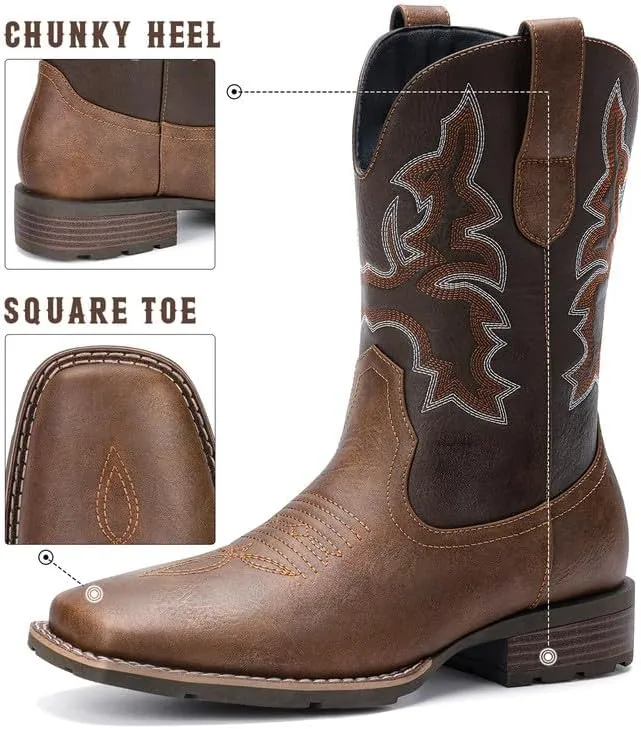 Suokdil Cowboy Boots for Men - Men's Western Boots with Embroidery, Slip Resistant Square Toe Chunky Heel, Durable and Fashionable Retro Classic Footwear for Spring and Fall