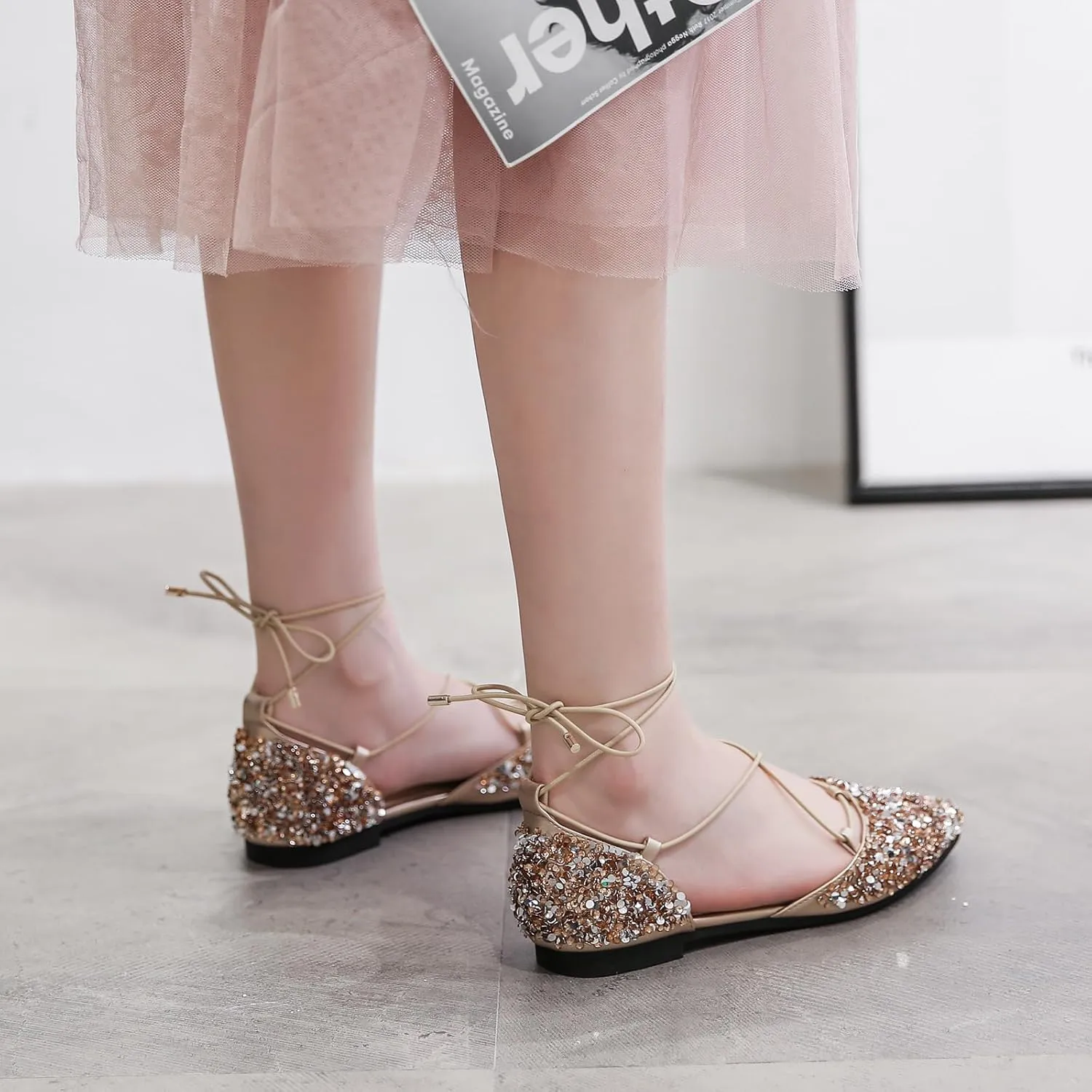 SWDZM Women Sequins Pointed Toe Ankle Strap Ballet Flats Lace Up Wedding Party Sandals