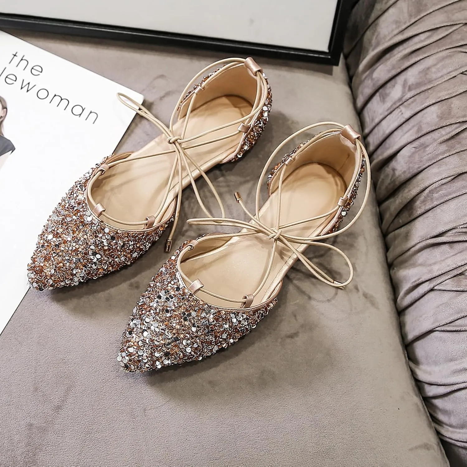 SWDZM Women Sequins Pointed Toe Ankle Strap Ballet Flats Lace Up Wedding Party Sandals