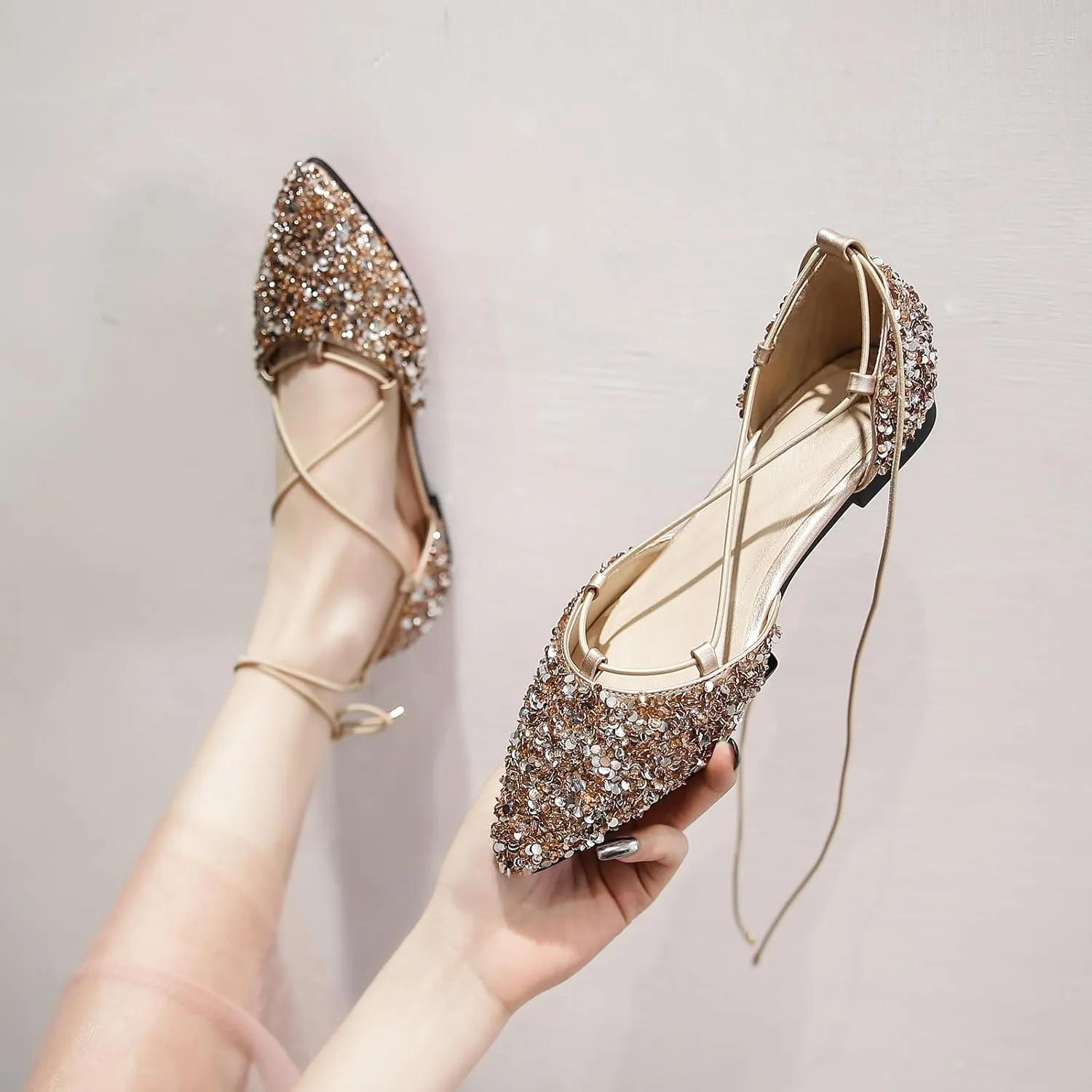 SWDZM Women Sequins Pointed Toe Ankle Strap Ballet Flats Lace Up Wedding Party Sandals