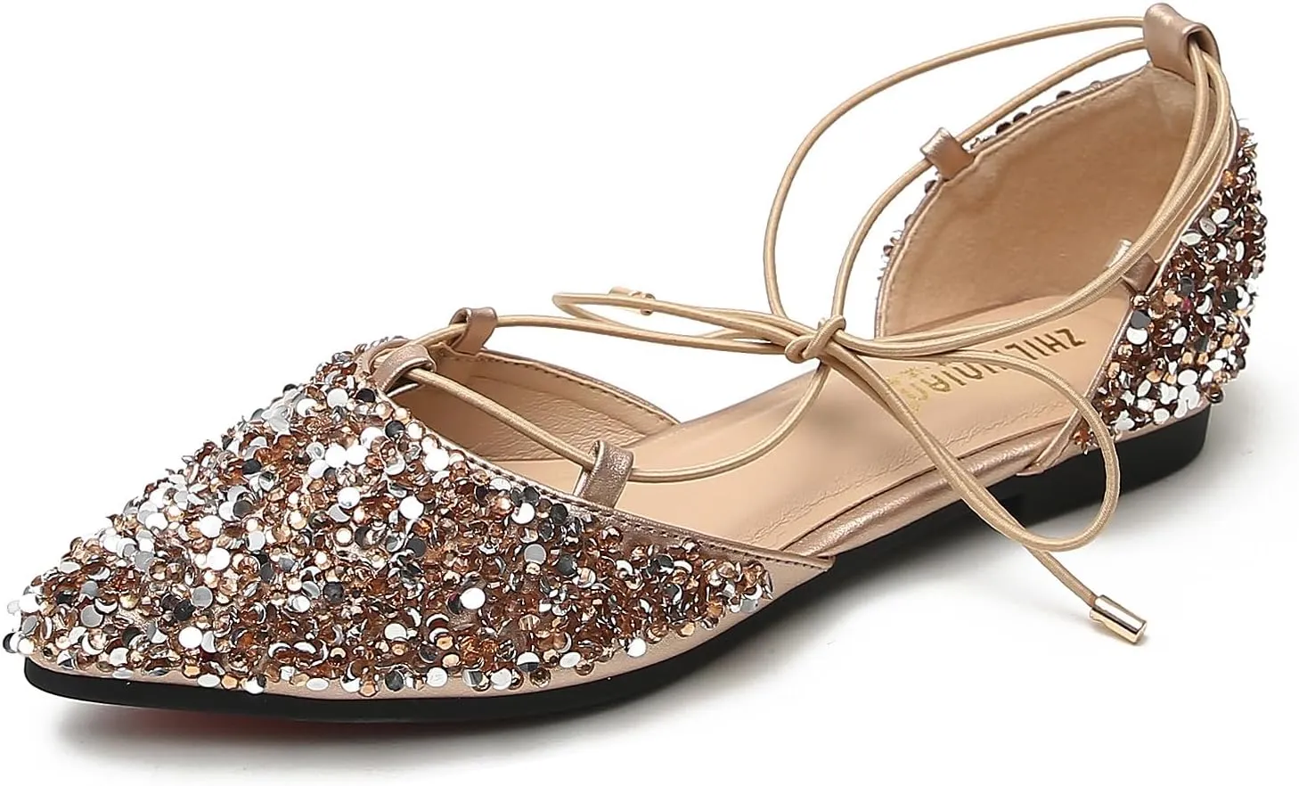 SWDZM Women Sequins Pointed Toe Ankle Strap Ballet Flats Lace Up Wedding Party Sandals