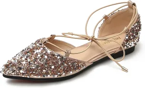 SWDZM Women Sequins Pointed Toe Ankle Strap Ballet Flats Lace Up Wedding Party Sandals