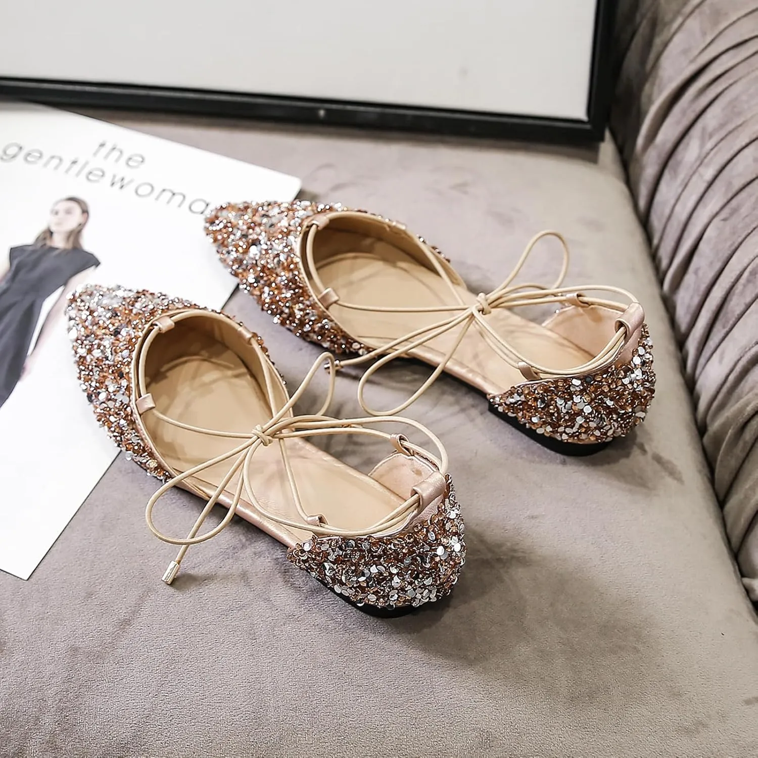 SWDZM Women Sequins Pointed Toe Ankle Strap Ballet Flats Lace Up Wedding Party Sandals