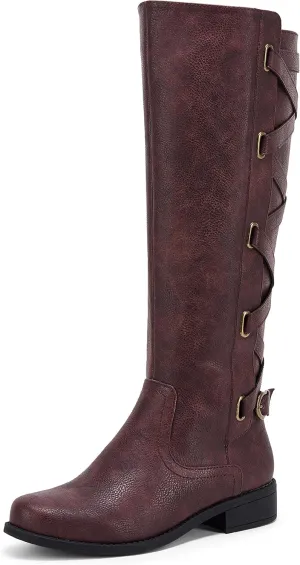 Syktkmx Womens Strappy Motorcycle Knee High Boots Winter Lace Up Riding Flat Low Heel Shoes