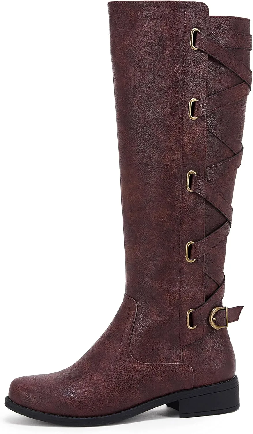 Syktkmx Womens Strappy Motorcycle Knee High Boots Winter Lace Up Riding Flat Low Heel Shoes