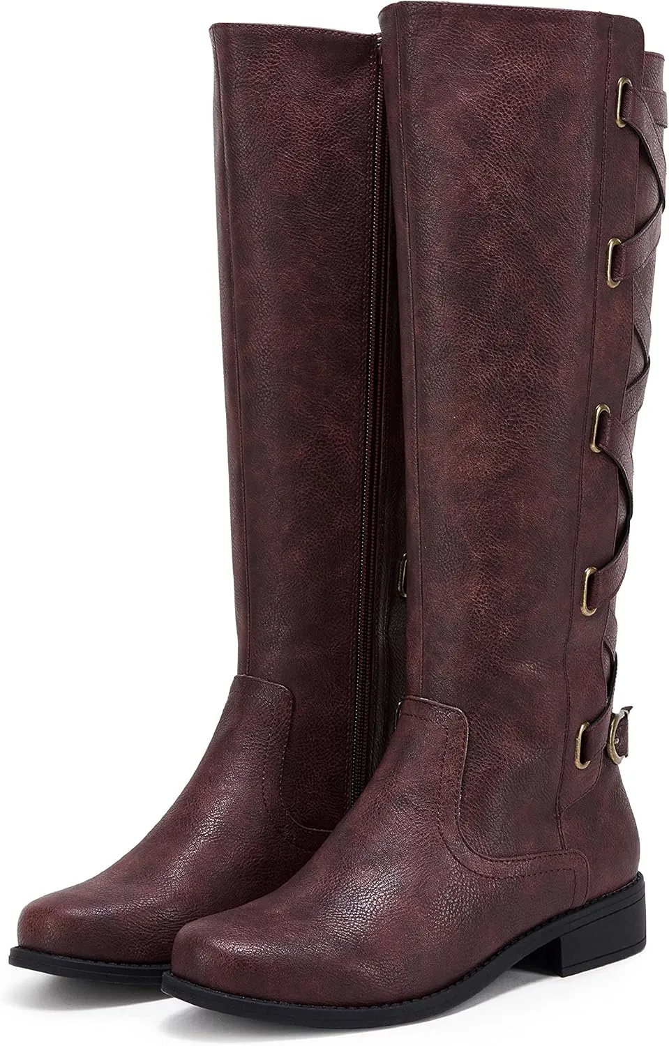 Syktkmx Womens Strappy Motorcycle Knee High Boots Winter Lace Up Riding Flat Low Heel Shoes