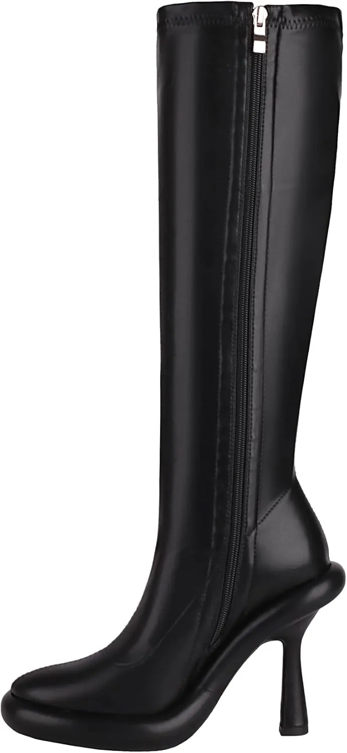 TAEPUSR Women's Platform Boots Stiletto High Heel Mid Calf Boots Elastic Round Toe Ankle Boots with Side Zipper Fashion Party Dress Stretch Boots for Women
