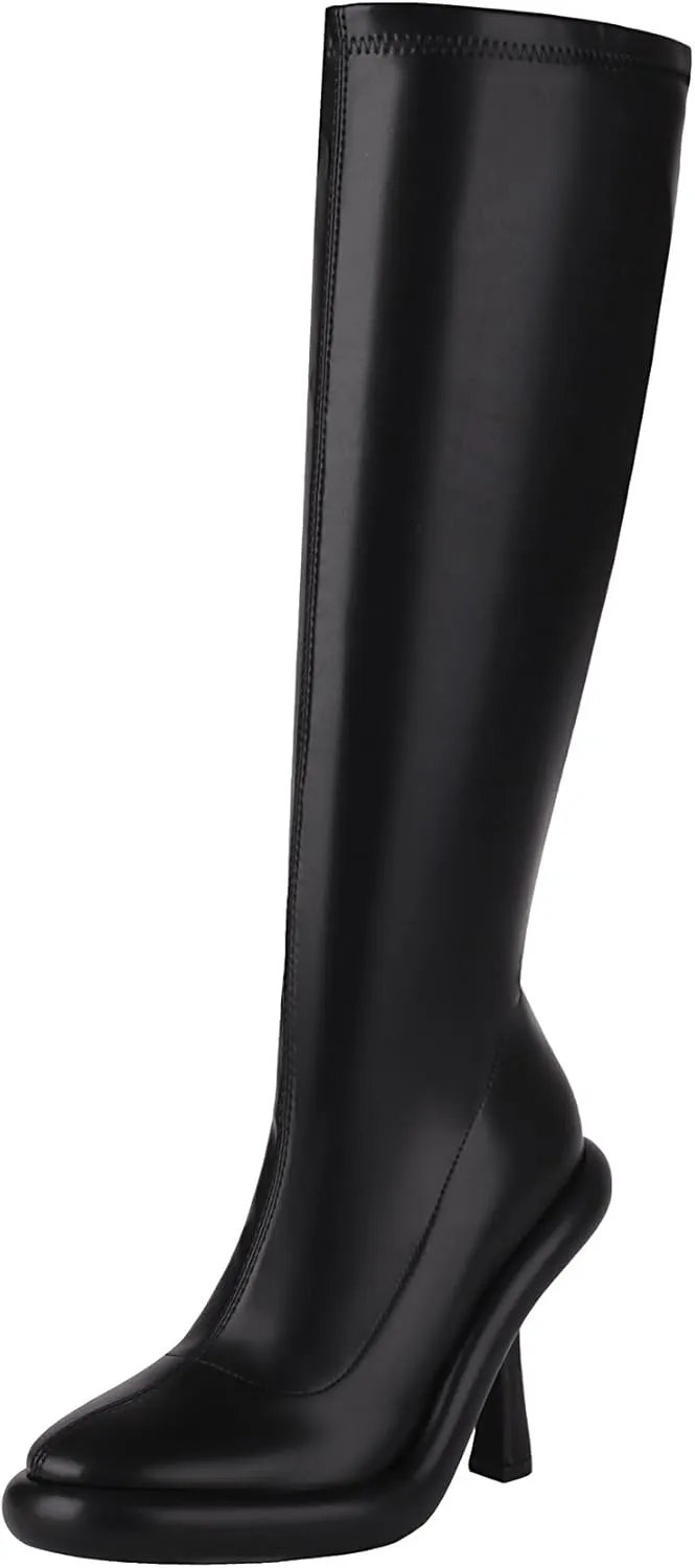 TAEPUSR Women's Platform Boots Stiletto High Heel Mid Calf Boots Elastic Round Toe Ankle Boots with Side Zipper Fashion Party Dress Stretch Boots for Women
